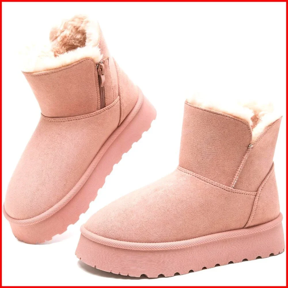 Women's Suede Ankle Boots Platform Winter Snow Boots Fur Lined Waterproof